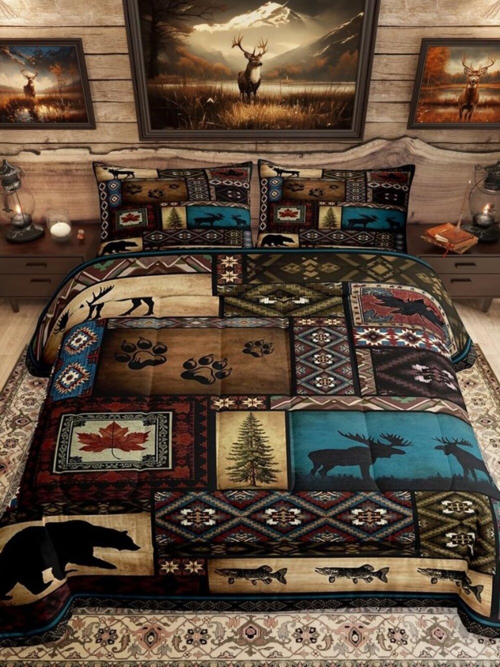 Rustic Cabin Lodge Comforter King Size for Kids Teens Adults,Hunting Bear Deer